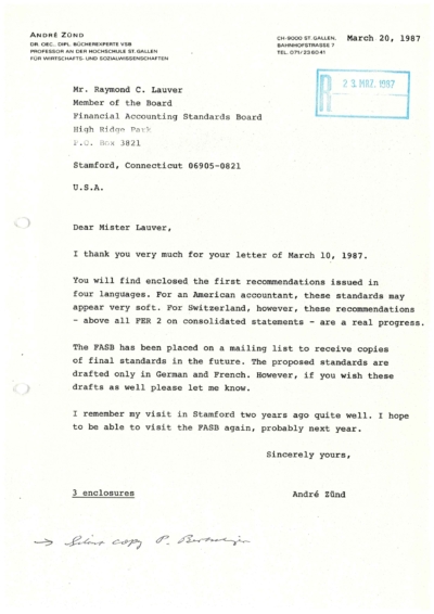 Lettre du Prof. Dr André Zünd à un collègue du FASB (1987)